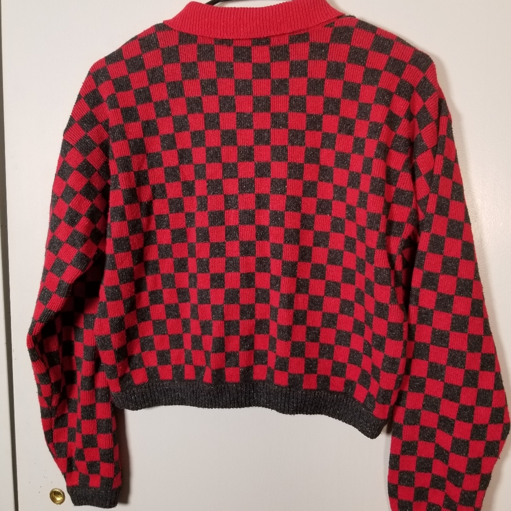Vintage Red and Gray Check Print Cropped Collared Sweater By Liz Claiborne - Med - Picture 5 of 9